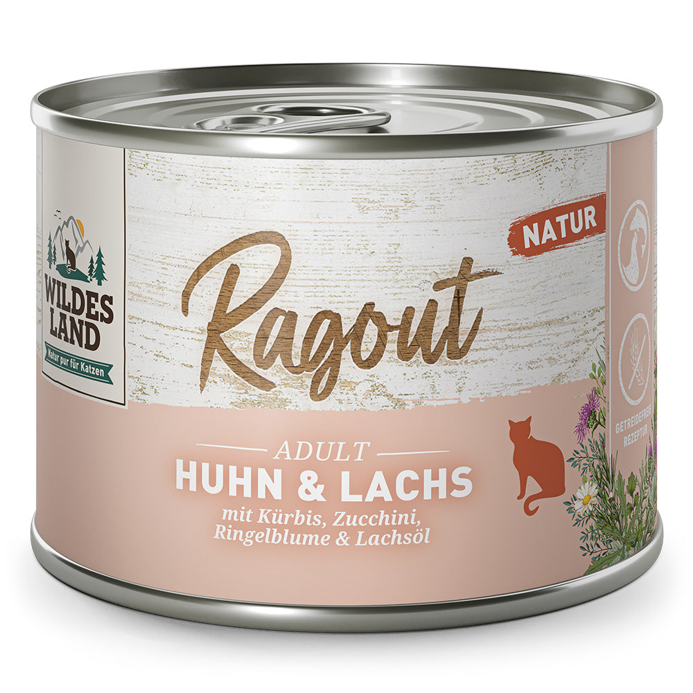 Wildes Land Ragout Huhn & Lachs mit Karotten, Zucchini, Ringelblume & Lachsöl