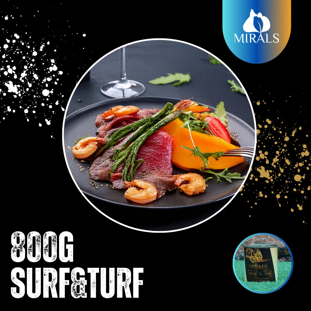 MIRALS Surf'n Turf de veau et crevettes, jus d'asperges et fraises, salade papaye et roquette
