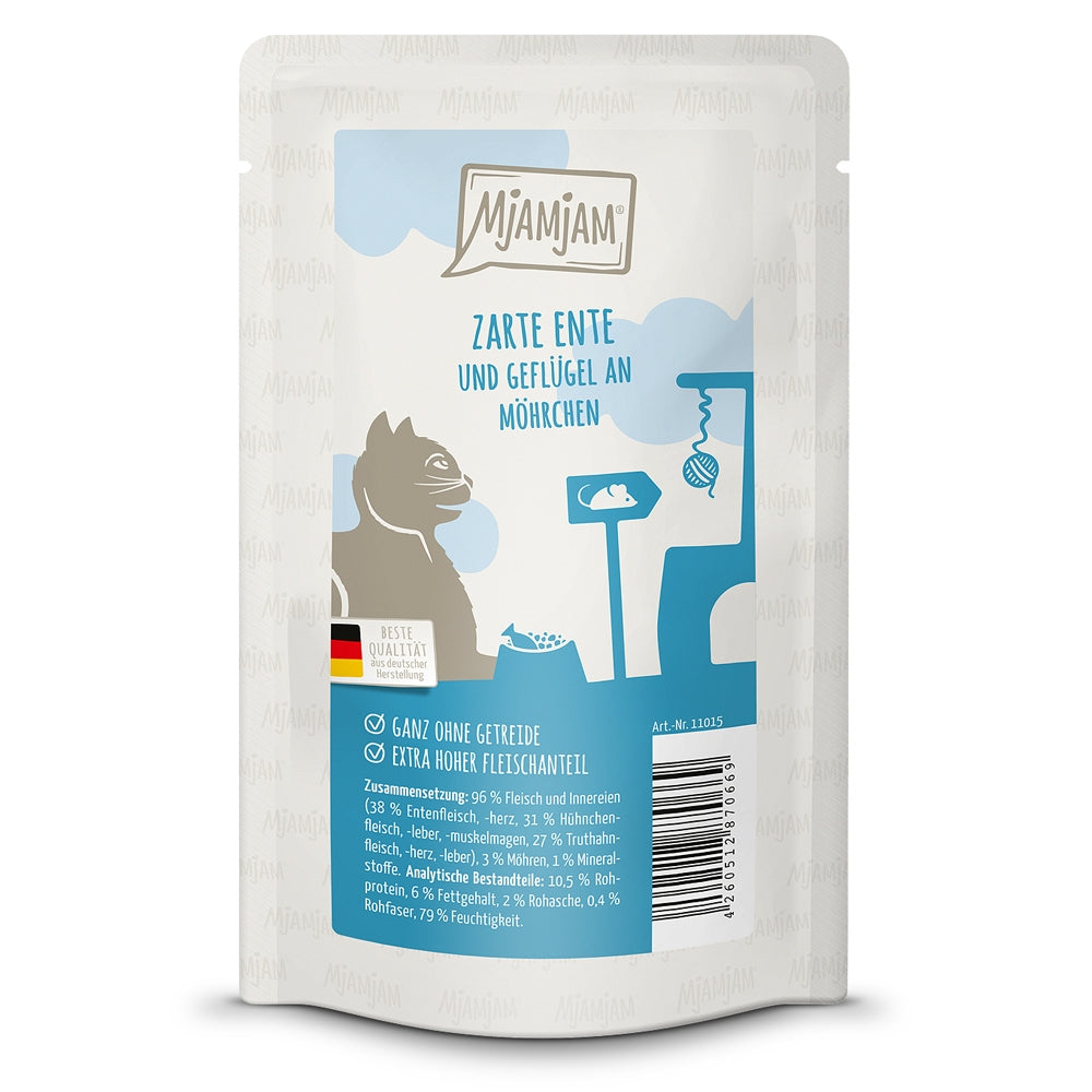MjAMjAM Katze Quetschie Zarte Ente mit Geflügel & leckeren Möhrchen